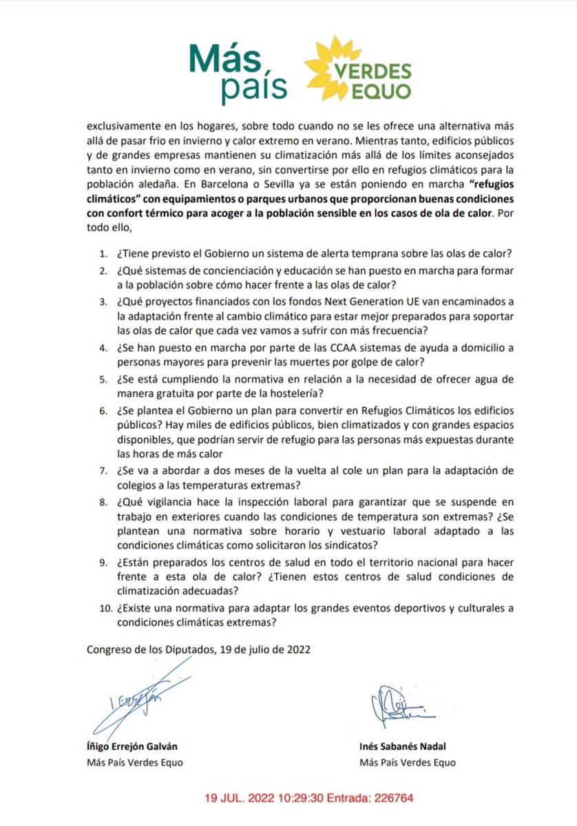 510 personas han muerto en España por la #OlaDeCalor ☀️  en siete días. Es urgente proteger la salud de la población y adaptar la actividad laboral a las  temperaturas extremas. Hoy hemos preguntado al Gobierno qué medidas va a adoptar para afrontar esta situación.