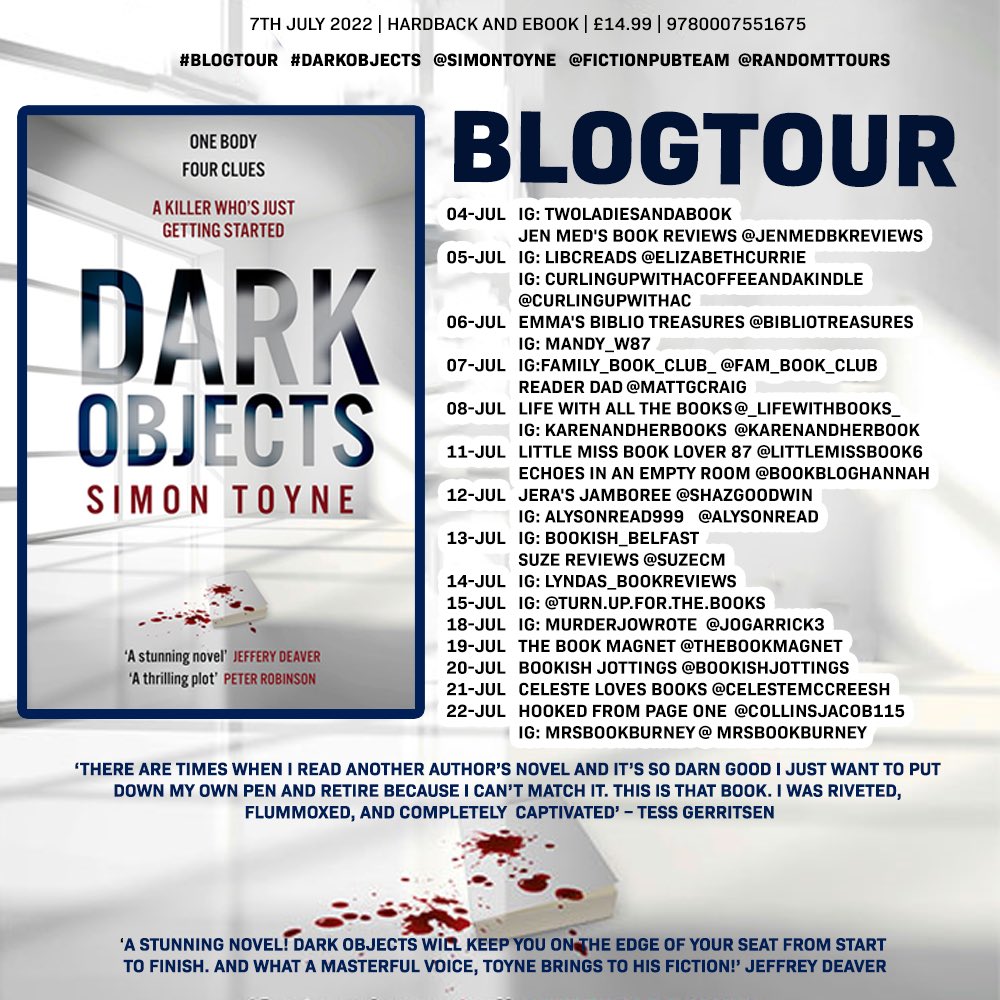 thebookmagnet's tweet photo. It’s my stop on the @RandomTTours @fictionpubteam #BlogTour for #DarkObjects by @simontoyne 🔪
This book is FANTASTIC! Visit my blog to find out more:
https://t.co/Z8yuJ2mIM5 https://t.co/iLzfJIeu9S