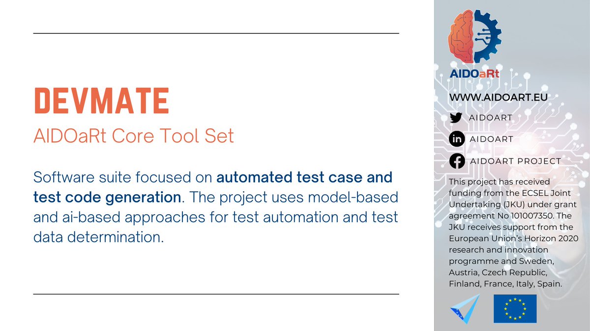 aidoart's tweet photo. ⚙️ Discover one of our #AIDOaRt Core Tool Set, #Devmate, developed by @devmateSoftware. This tool is a #softwaresuite focused on #automatedtestcase and #testcodegeneration.
#HorizonEU #AIDOaRtProject
@EUScienceInnov @GabrielMariya @JEPaquetEU https://t.co/J77kDVtZ6p