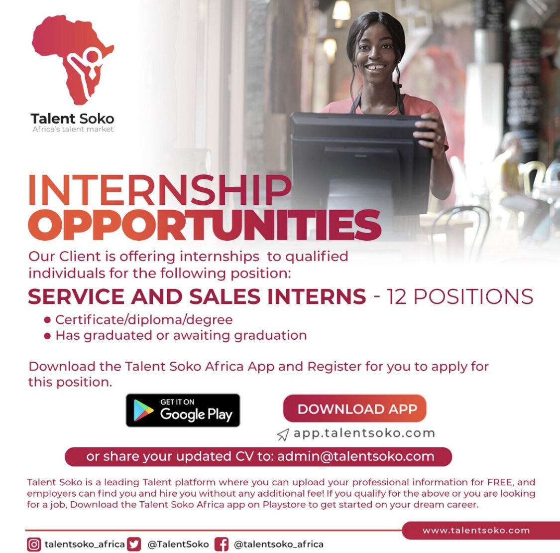 TalentSoko's tweet photo. Calling all qualified interns! Start your career today.
#job #work #jobs #jobsearch #career #hiring #love #recruitment #employment #jobseekers  #recruiting #marketing #working #careers #nowhiring #resume #jobvacancy #jobopportunity https://t.co/hKTSBw0oY5