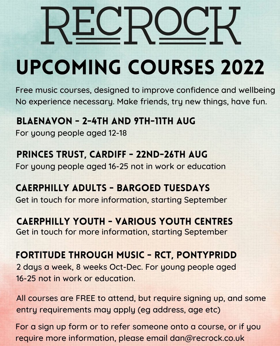 recrockwales's tweet image. We are delighted to be working on so many fantastic projects over the next few months. If you, or anyone you know wants more information on these courses please put them in touch dan@recrock.co.uk.⁠
⁠
Free music courses designed to build confidence and wellbeing.⁠