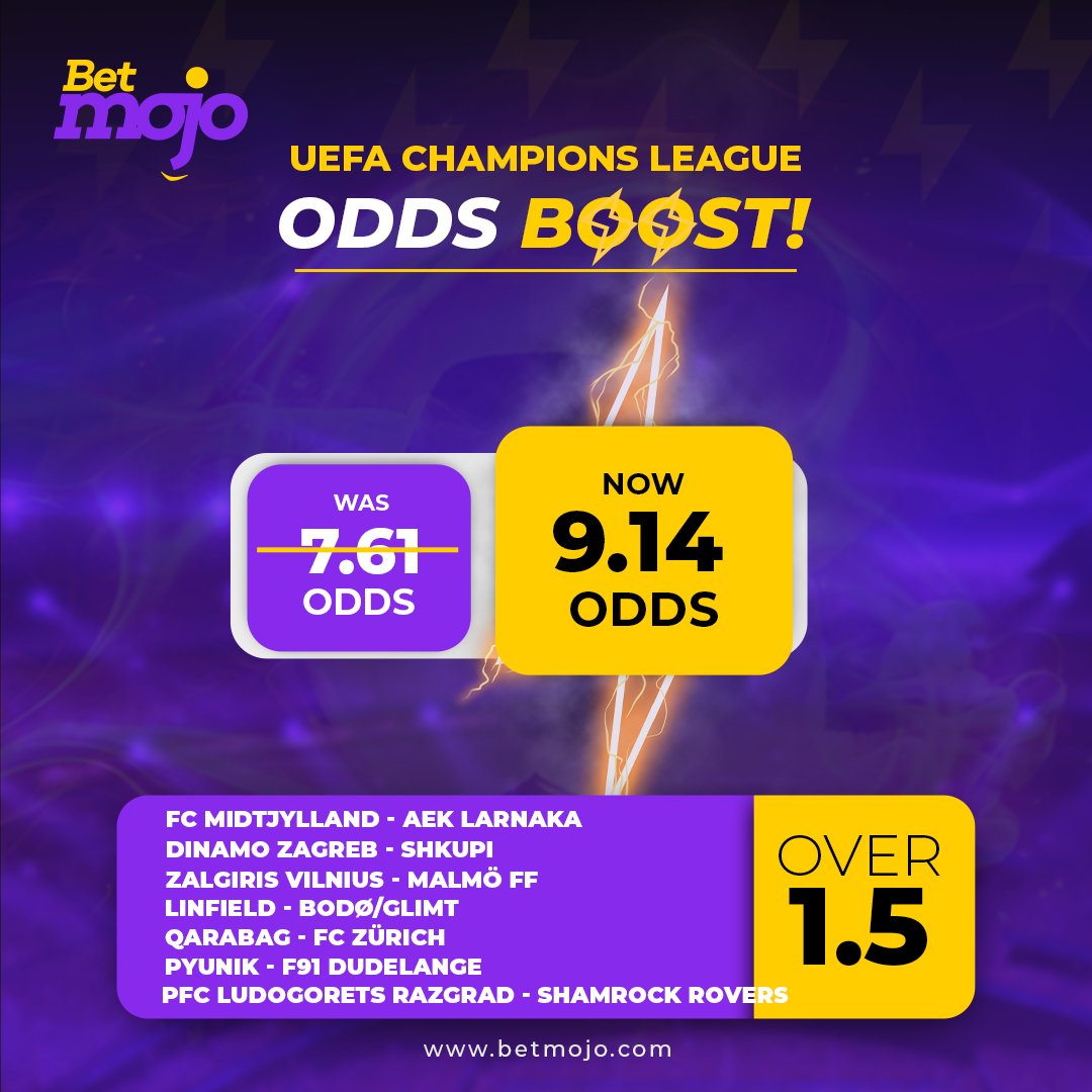 BetMojoNG's tweet photo. Only Betmojo fit run this kin correct ODDS BOOST specials on the UEFA Champions League Qualification matches today. Visit our site to place your BETS.

#soccer #oddsboost #promotions #offers #UEFA #footballtips #betting https://t.co/iXDEl5wLQy