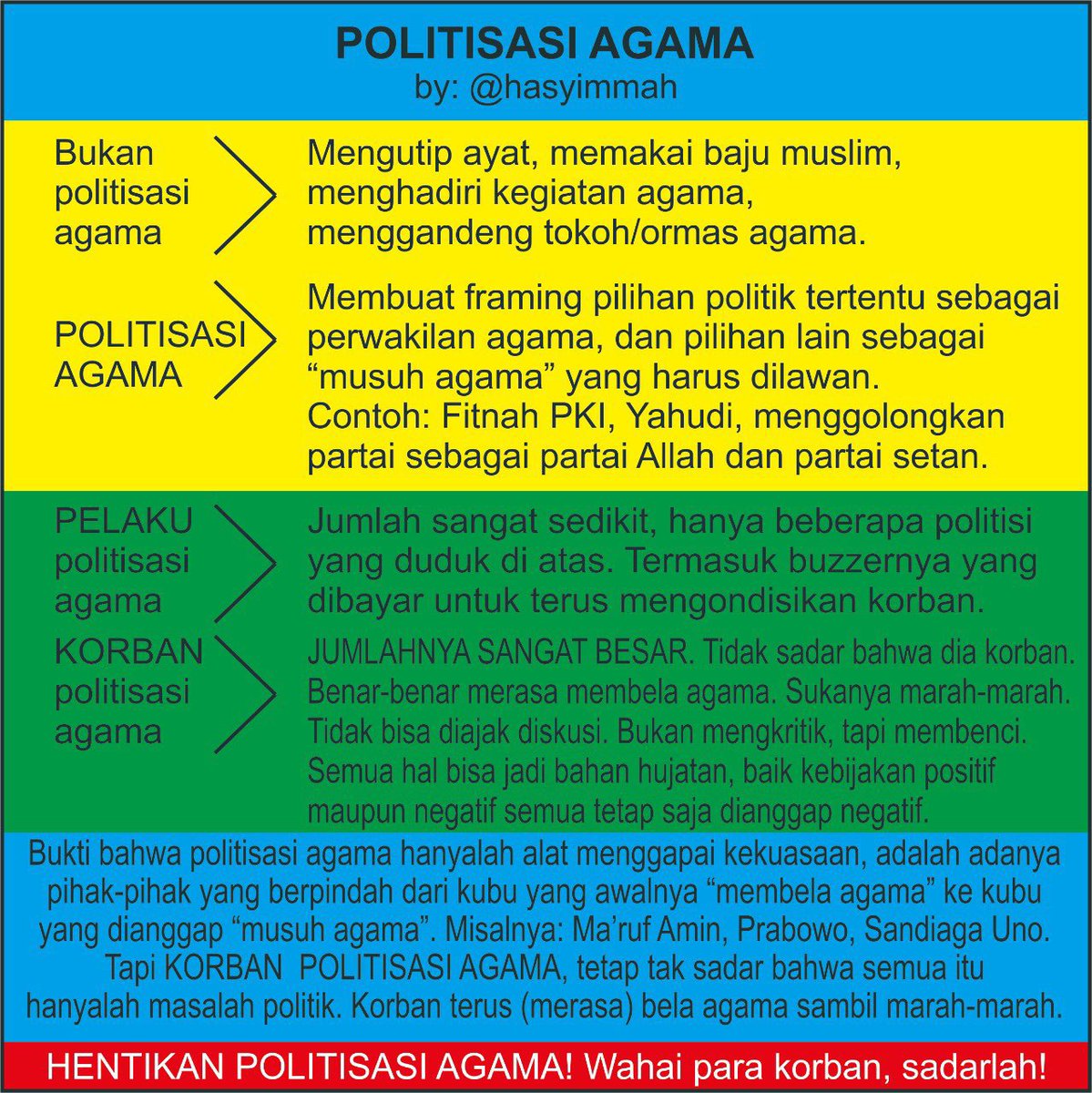 2014: Yang tidak pilih capresku berarti PKI
-
2019: Yang tidak pilih capresku berarti pendukung penista agama
-
2024: Yang tidak pilih capresku berarti islamophobia
-
-
"Janganlah kamu jual ayat-ayat-Ku dengan harga murah." (2:41)
-
Yang jualan agama, ya itu-itu aja orangnya.