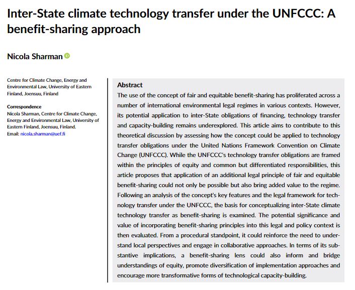 Nicola_Sharman_'s tweet photo. Very pleased to share the publication of my article on the possibilities of applying benefit-sharing concepts to inter-state climate technology transfer in @RECIELjournal. You can access the article here: https://t.co/5Nh3yTN7cH https://t.co/itAzxvLhAq