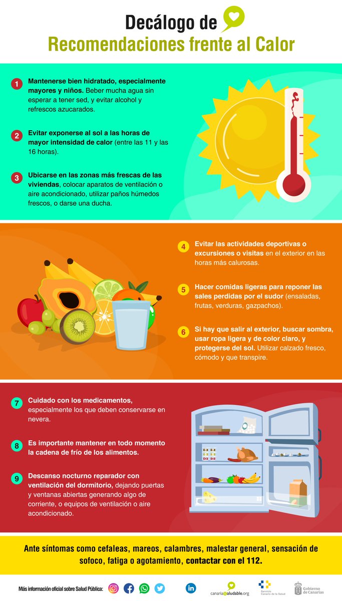 🥵Estos días se esperan altas temperaturas en varios municipios de Tenerife, Gran Canaria, La Palma y Fuerteventura.

🌡️Te recordamos las principales recomendaciones para hacer frente al #calor 👇🏽