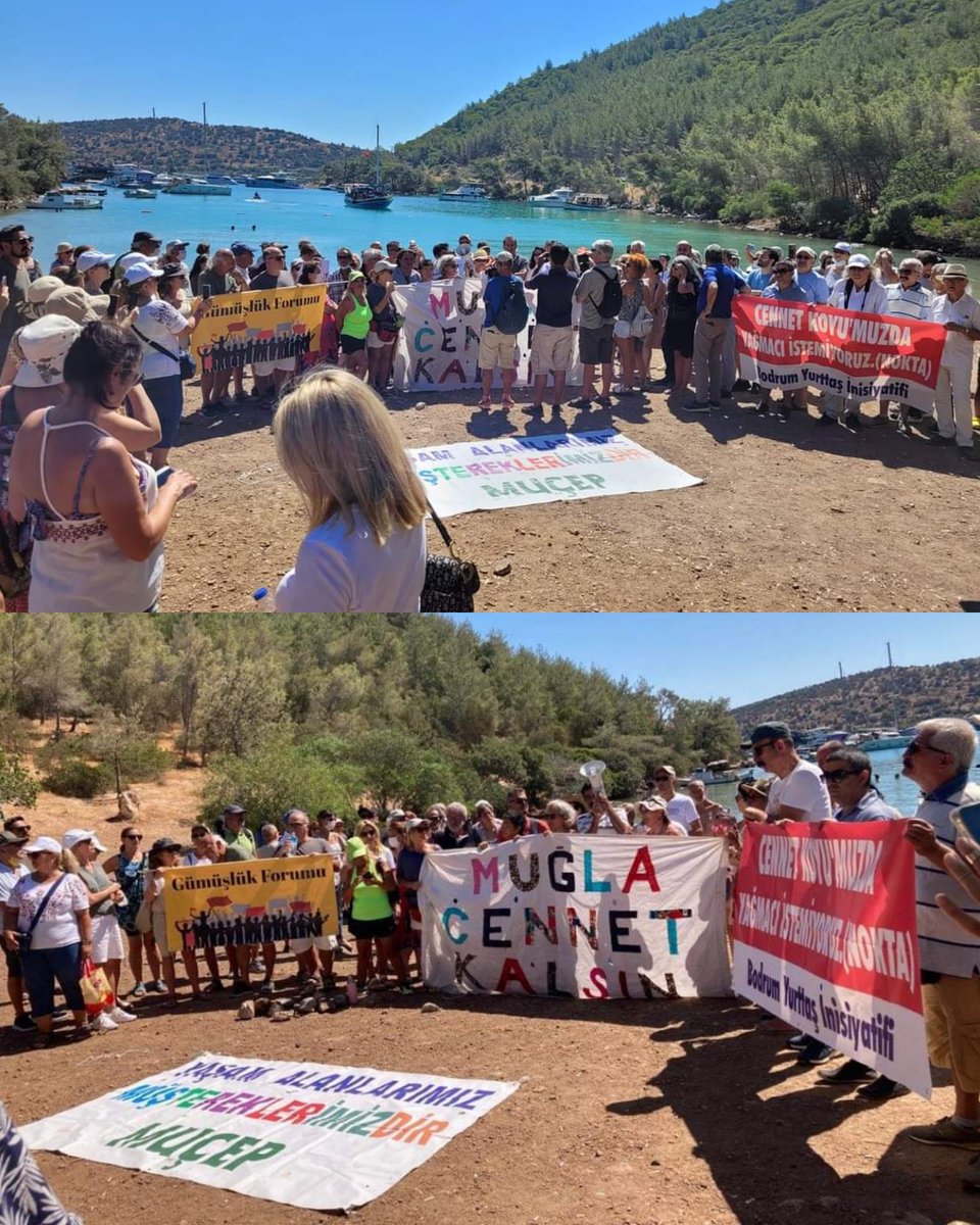 Bugün, Cennet Koyu'nda 678 bin m²'lik sit ve koruma alanındaki arazinin sit alanından çıkarılıp, Özelleştirme İdaresi'nden Mehmet Cengiz'e satılmasına, Danıştayın iki kere reddetmesine rağmen 100 villa, 1 otel yapılacak olmasına karşı çıkmak için eylem düzenlendi.
#CennetKoyu
