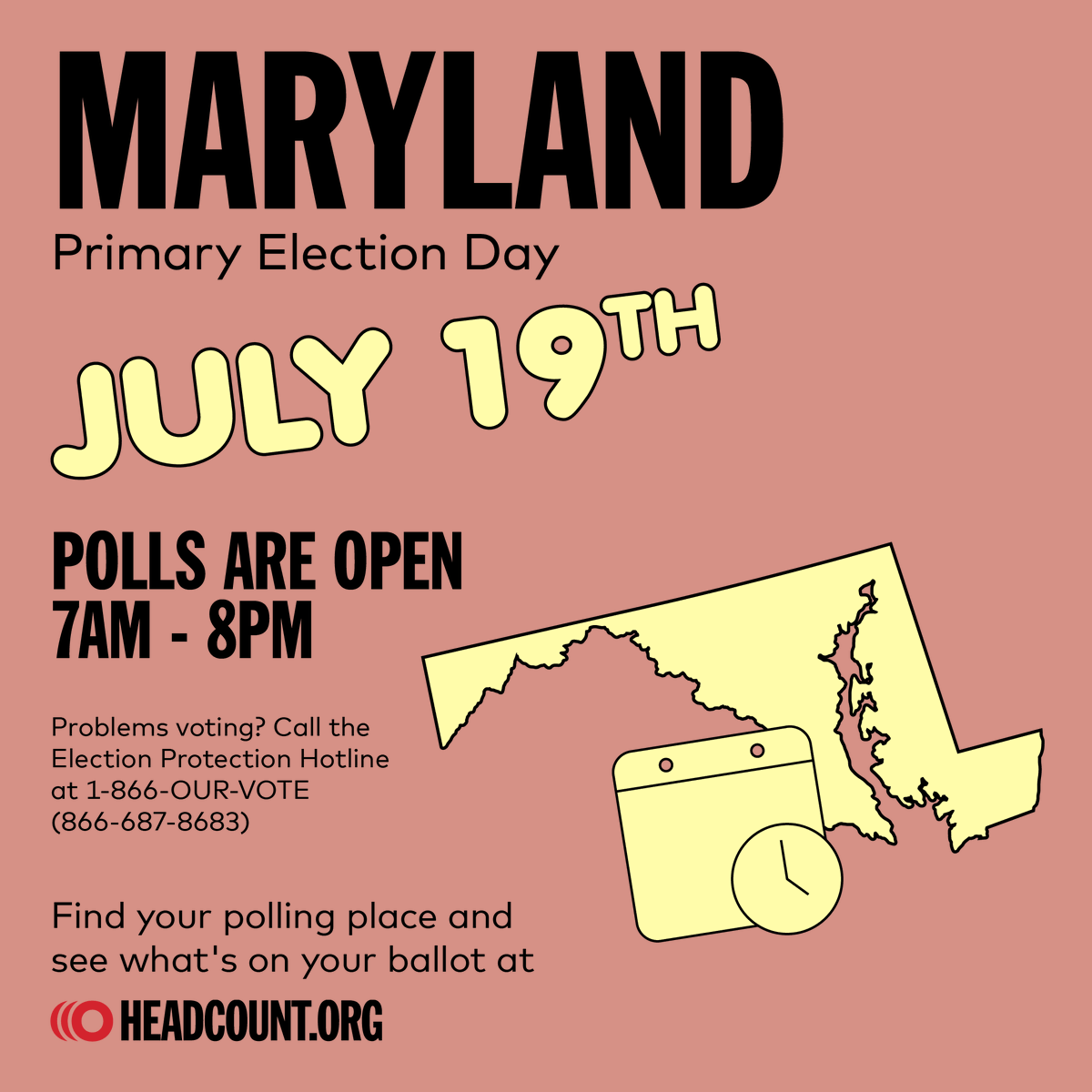 Today is Election Day in Maryland! Make sure you're registered to vote, and if not, you can register in person on Election Day 🗳

More info at HeadCount.Org/State/Maryland