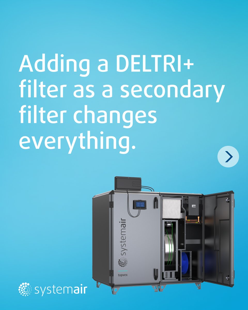 systemair's tweet image. DELTRI+ filters offer a quick and easy upgrade to recirculation ventilation systems as it allows for improved virus protection 🦠🛡️and better IAQ. 
More info: systemair.com/support/good-t…