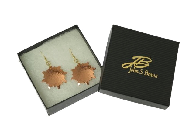 Cool Hammered Copper Sunburst Dangle Earrings Presented on John S Brana Handmade Jewelry #JohnSBrana johnsbrana.com/products/hamme… #CopperGifts #HandmadeJewelry #SunburstEarrings