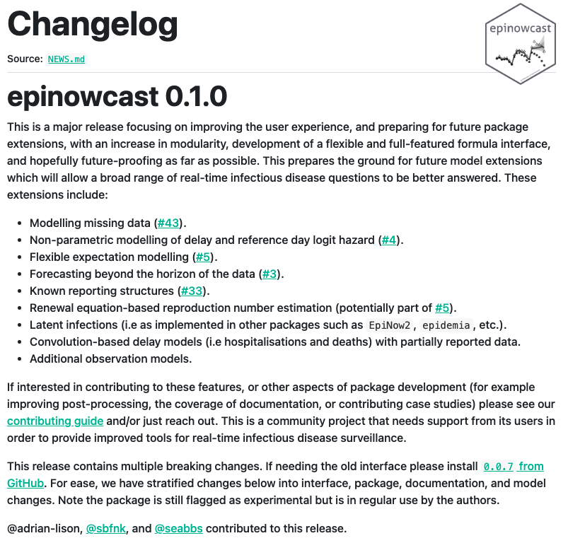 Sam Abbott (@seabbs@fosstodon.org) (@seabbs) on Twitter photo {epinowcast} 0.1.0 📦 now live on main. 🎉🥳🍾
In this release, we focus on the user experience and prepare the ground for extensions enabling a range of real-time IDE questions to be answered.
PRs from: Adrian Lison, <a href="/sbfnk/">Sebastian Funk (@sbfnk@fosstodon.org)</a>, and <a href="/seabbs/">Sam Abbott (@seabbs@fosstodon.org)</a>
epiforecasts.io/epinowcast/new…
1/n {epinowcast} 0.1.0 📦 now live on main. 🎉🥳🍾
In this release, we focus on the user experience and prepare the ground for extensions enabling a range of real-time IDE questions to be answered.
PRs from: Adrian Lison, <a href="/sbfnk/">Sebastian Funk (@sbfnk@fosstodon.org)</a>, and <a href="/seabbs/">Sam Abbott (@seabbs@fosstodon.org)</a>
epiforecasts.io/epinowcast/new…
1/n
