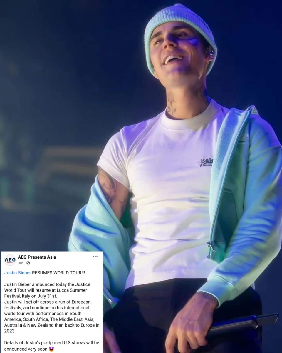 manilaconcerts's tweet photo. See you in Manila this October, Justin Bieber  🙌

Justice World Tour resumes this July 31 in Italy. Justin Bieber scheduled to bring his Justice World Tour in Manila on Oct. 29 at the CCP Open Grounds.

Manila show tix: https://t.co/ygJTdOoL7m 
 
#2022ManilaConcerts https://t.co/PUf96obvE9