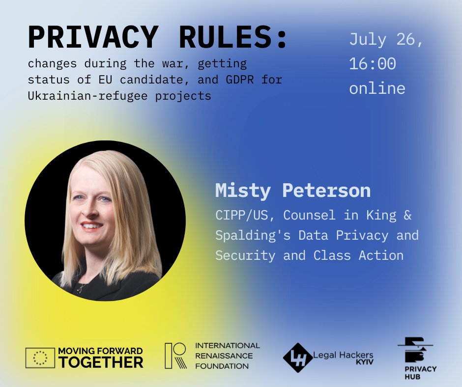 Misty Peterson — CIPP/US, Counsel in King &amp; Spalding's Data Privacy and Security and Class Action. 

At the event, Misty will tell about United States Privacy Law: A Patchwork of Federal and State Laws 😎

Join 👉 myprivacy.org.ua/privacy-rules. 

#privacyrules #event