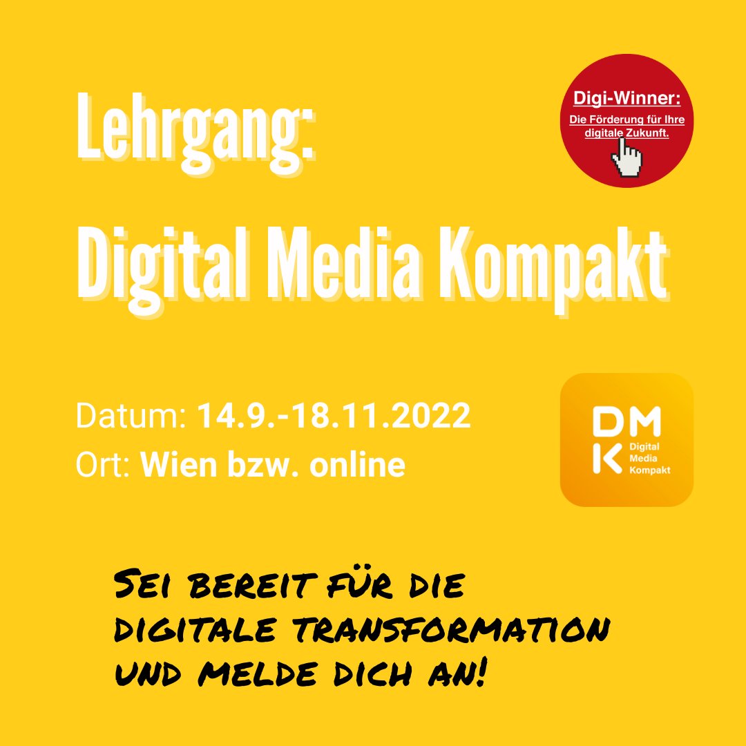 📣 Melde dich jetzt für den 10-tägigen "Digital Media Kompakt" (DMK) an.🙏

😍 Stärke deine digitalen Fähigkeiten!💡 

💯 Lass Dir bis zu 80 % deiner Kurskosten fördern oder absolviere den DMK im Rahmen deiner #Bildungskarenz.

➡️ Zur Anmeldung: oema.at/seminare/lehrg…

#digital