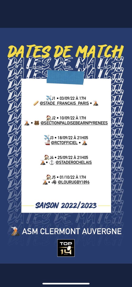 Guerriergaulois's tweet photo. Voici les dates de match !!💛💙 @ASMOfficiel VS @SFParisRugby @LeLOURugby @RCTofficiel @staderochelais @SectionPaloise
#asmca #asmrugby #sfpasm #asmpau #rctasm #asmsr #asmlou #TOP14 https://t.co/XaUrPTfsUW