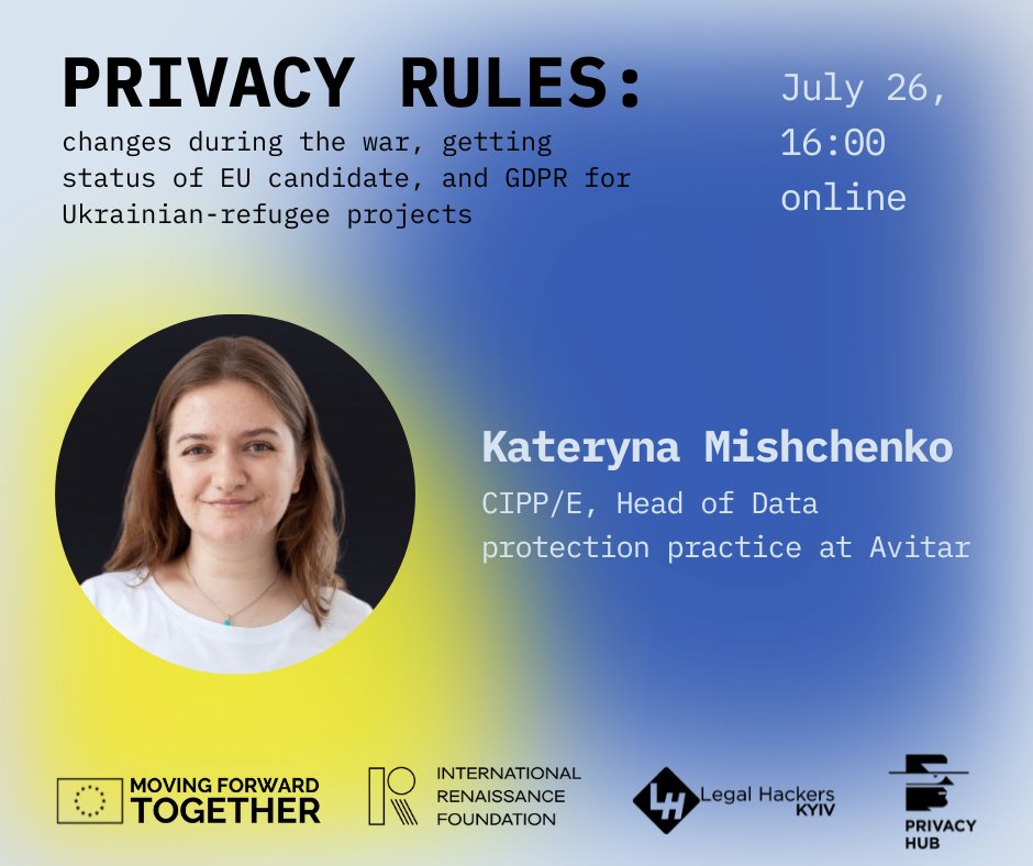 Katherine Mischenko — CIPP/E, Head of Data protection practice at Avitar. 

At the event, Kateryna will tell about what issues your departments will face while scaling to the EU market 😎

Register on our website 👉 myprivacy.org.ua/privacy-rules

#privacyrules #event