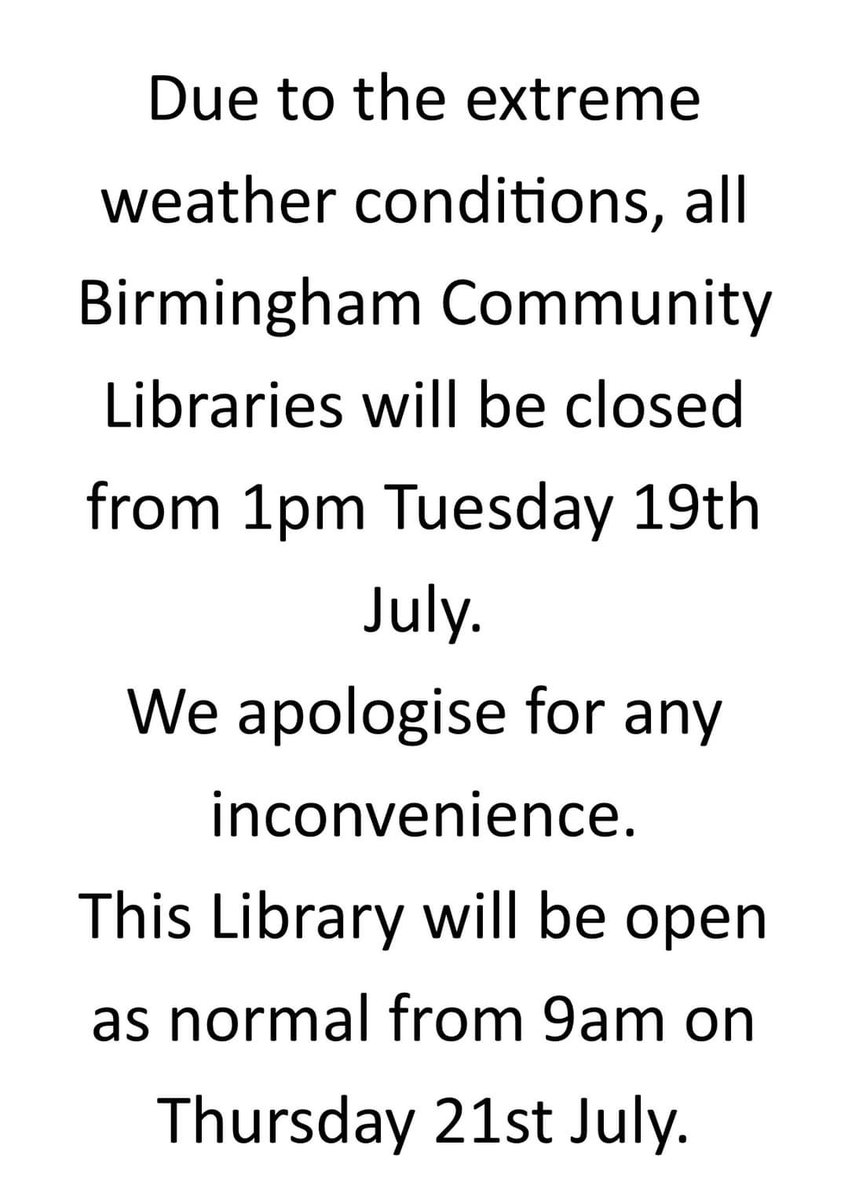 Due to the extreme weather conditions, all Birmingham Community Libraries will be closed from 1pm Tuesday 19th July. We apologise for any inconvenience. This library will be open as normal from 9am on Thursday 21st July.