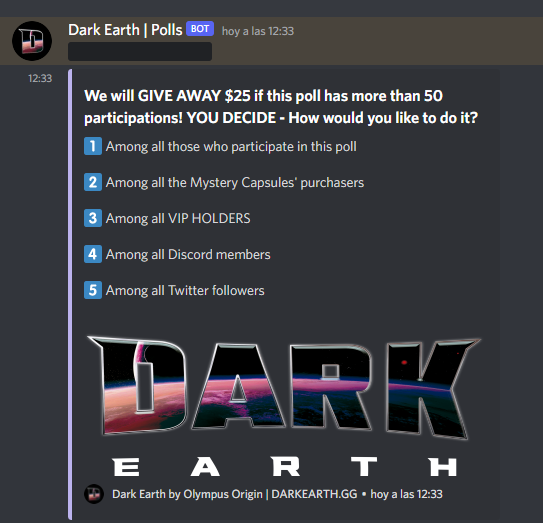 $𝟮𝟱 𝗚𝗜𝗩𝗘𝗔𝗪𝗔𝗬 ‼️
We are giving away $25 &amp; it's up to you to decide how! 👀👇

✅ JOIN US NOW &amp; PARTICIPATE!
➡️ discord.darkearth.gg

#NFTCommunity #Giveaway #Giveaways