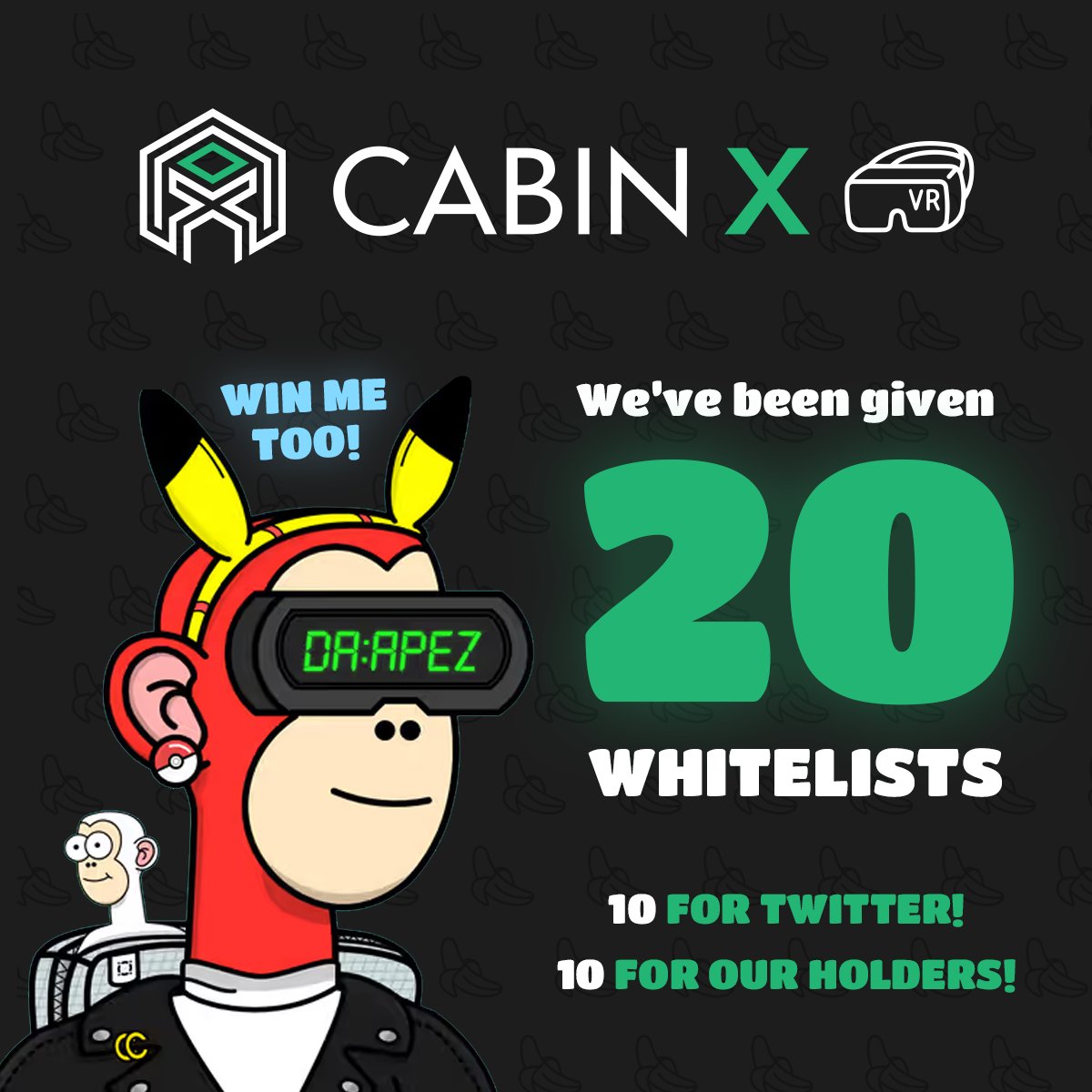 🚨🔥 20 <a href="/x_cabin/">Cabin X NFT dApp</a> WL's 🚨🔥

Our friends at Cabin X have given us 20 WL spots to giveaway! ⚡ 10 for Twitter &amp; 10 for our Holders 🐒🎁

discord.gg/MVDZAvRt

Head over to their Discord General and put "DaApezAreHere" first come first serve! #LetGoApez 🔥