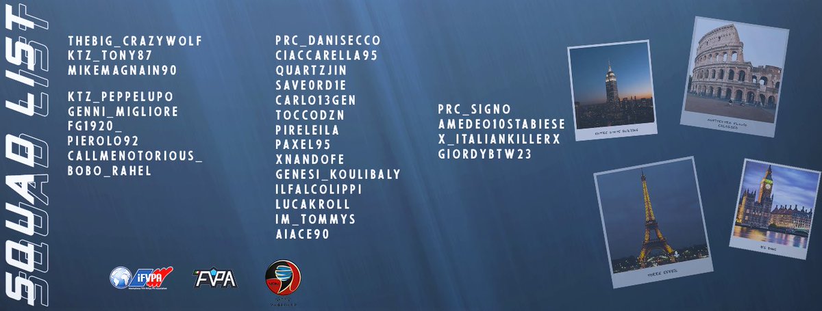 [PS4] 🇮🇹 Ecco i convocati per il cammino della nazionale. Un grosso in bocca al lupo al capitano @signo_3 al vice @danisecco12 e a tutti i ragazzi selezionati 👥 pronti per  rappresentarci con la maglia azzurra! 🇮🇹 
<a href="/iFVPA/">iFVPA</a> <a href="/VPNGlobal/">Virtual Pro Network</a> 

Grafica <a href="/xEzrael10/">zCore29 (xEzrael10)</a> e <a href="/graphic_ap/">Graphic Designer AP 🌍</a>
