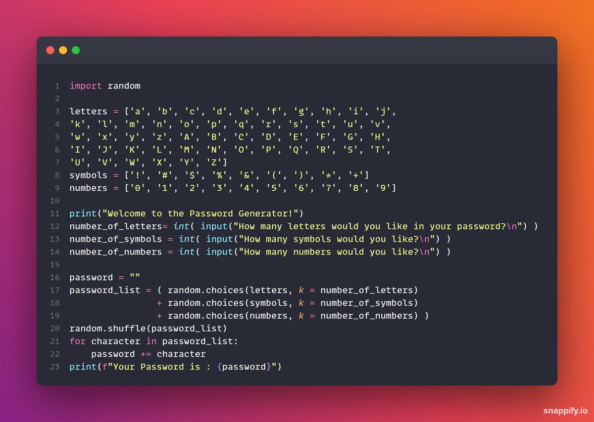 DracoPythonDev's tweet image. #Day5 of the #100DaysOfCode challenge in #Python.
Today I made a useful program :) A Password Generator !
Check it out on my github github.com/PythonDevDraco…
And if you wish you can try it out on my replit as well replit.com/@DracoPythonde…