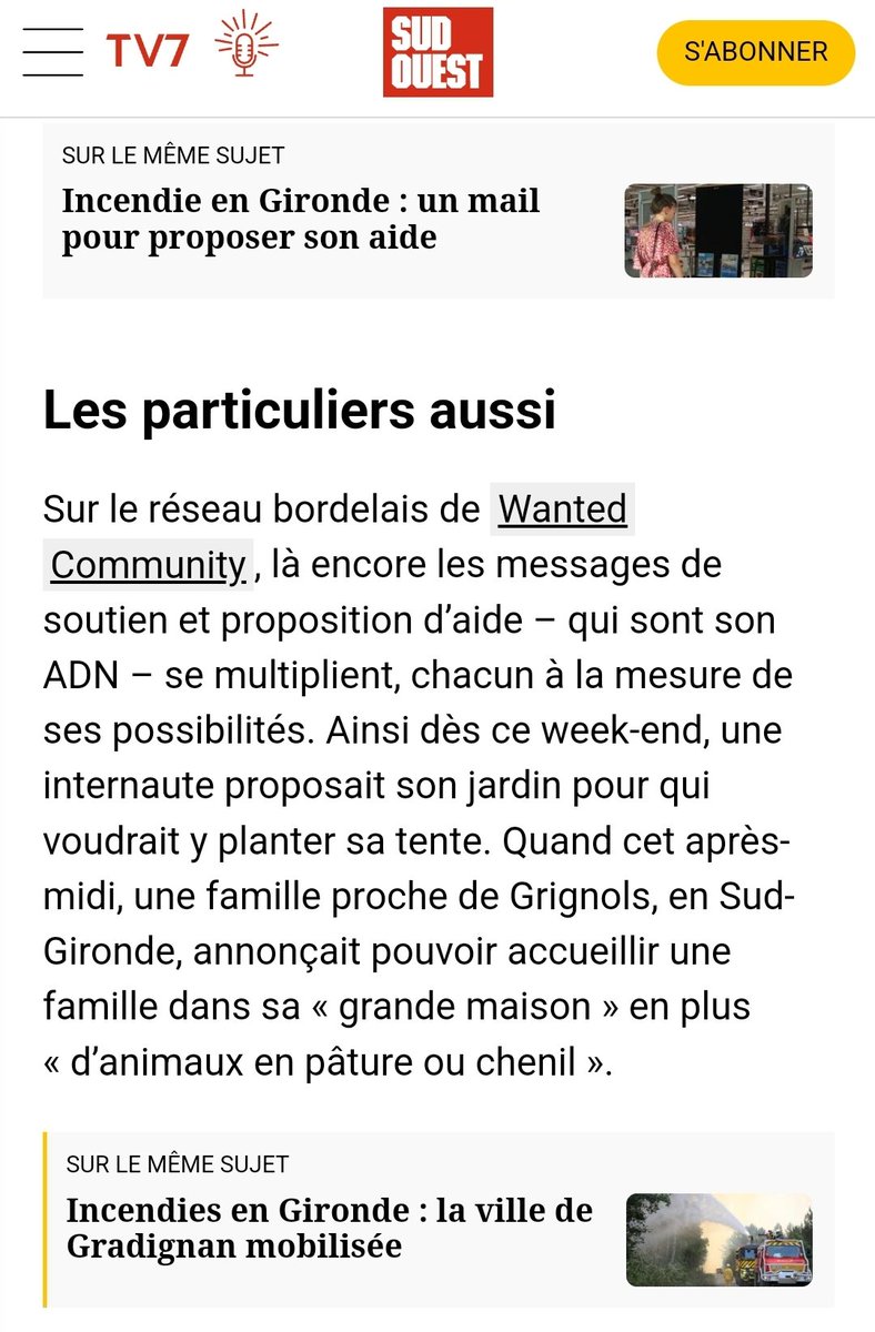 Vous êtes des centaines de membres à proposer votre aide dans le groupe Wanted Community Bordeaux 🙏🏽

Malgré cette période difficile, la solidarité qui se met en place localement donne toujours de l'espoir pour la suite ❤️ #incendies #canicule