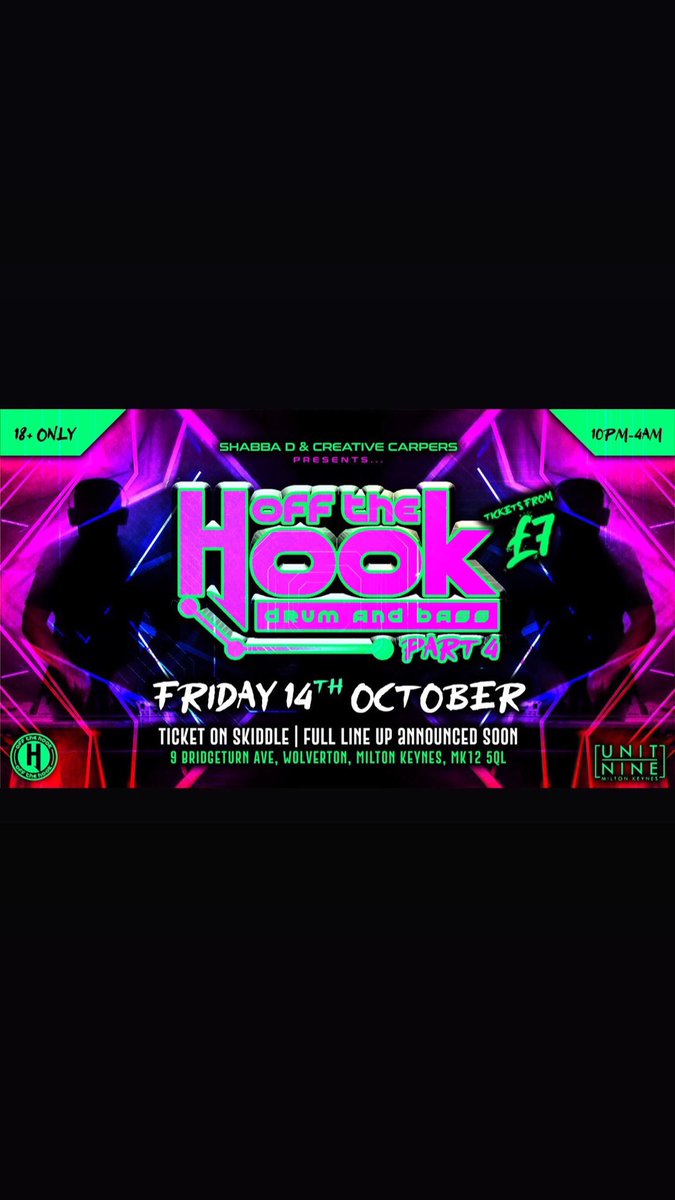 Full line up dropping Thursday early birds sold out 👀

Off the hook 🪝 <a href="/unitninemk/">Unit Nine MK</a> 

Tickets skiddle.com/e/36115878
