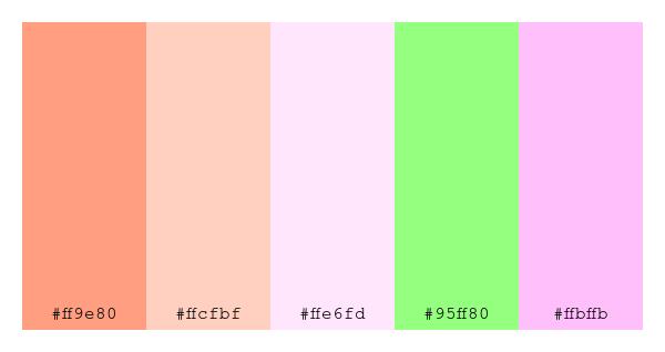 ColPaletteBot's tweet photo. Beep beep, here's a pretty color palette for you!
color-scheme.js parameters used:
- hue: 168
- variation: light
- colors: #ff9e80, #ffcfbf, #ffe6fd, #95ff80, #ffbffb
Have a lovely day!
#twitterbot #colorpalette #colors #palette #prettycolors https://t.co/yimuyp8t5N
