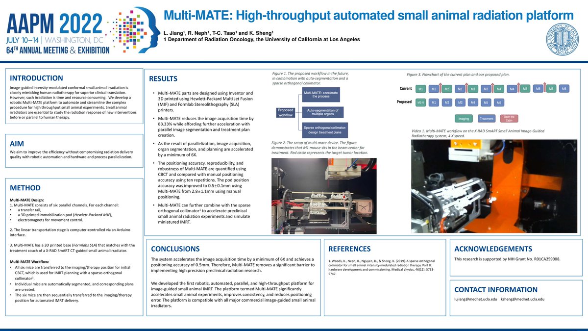 precisionxray's tweet image. Multi-MATE: High-Throughput Automated Small Animal Radiation Platform
Dr. Lu Jiang at UCLA works to increase the number of specimens on a SmART+ system and accelerate the time spent using the system while keeping submillimetric accuracy!

#Precisionxray #smallanimalradiotherapy