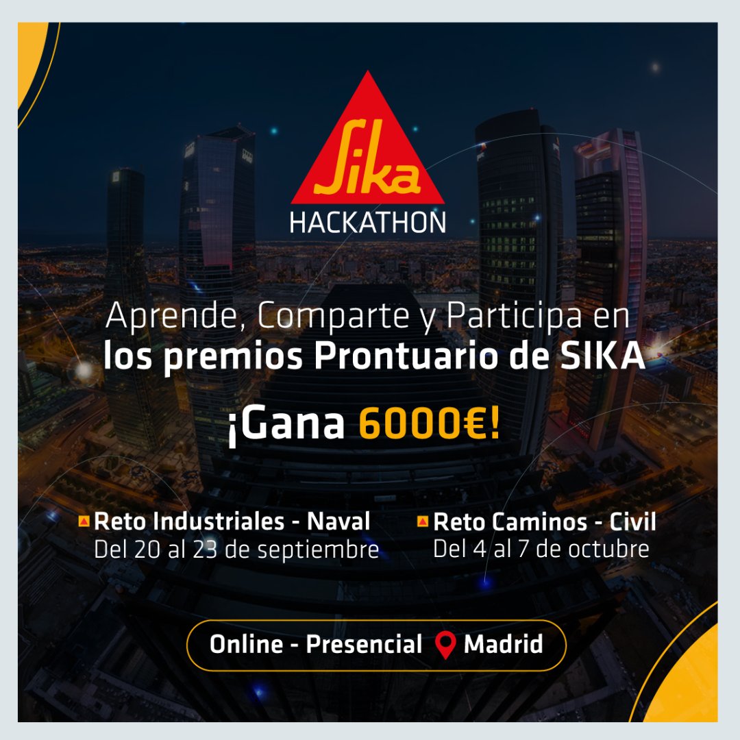CaminosUPV's tweet photo. #SIKA #Hackathon 
🔹1 reto por equipos y ¡Gana 6000€ en premios junto a @SikaSpain !
🔹Del 4 al 6/10/22 formaciones por Discord
📅 7/10/22 📍The Talent Garden, Madrid
✅Ayuda económica para cubrir gastos de desplazamiento y manutención
✍️Inscripciones en https://t.co/jTnaF0yPnK https://t.co/vCu7Dp20i8