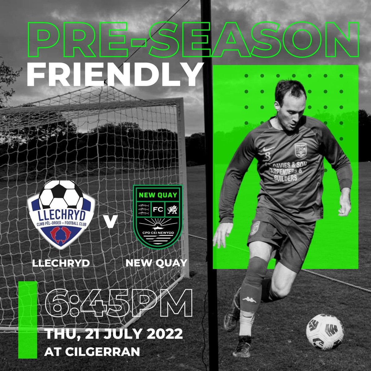 Pre-Season 2022-23 is here!

New Quay FC travel down to face a strong Llechryd side on Thursday evening, in the first of 4 scheduled pre-season friendlies this summer.

Fancy a run out for the Mackerel Men? Always dreamed of pulling on the famous green shirt? Get in touch today!