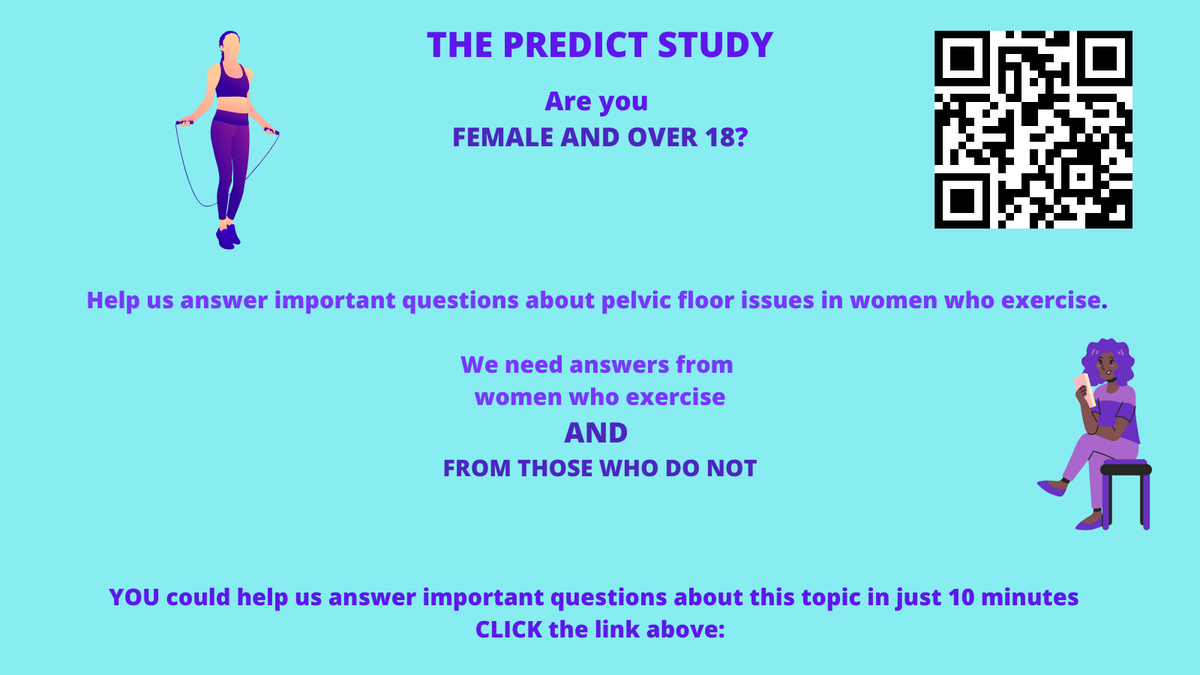 Final push for the PREDICT survey. With over 1300 women already taking part, please contribute to this survey on pelvic health and sport or exercise, if you haven't already. Maximum 10' of your time and completely anonymous bit.ly/3kLoxIO Only 1 week to go!