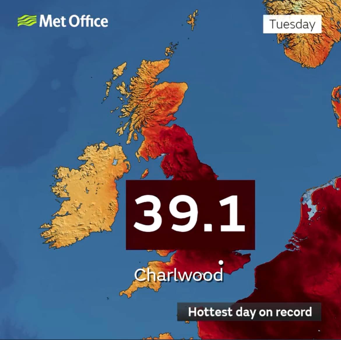 The UK has provisionally had its highest temperature on record, with 39.1C in Charlwood, Surrey.