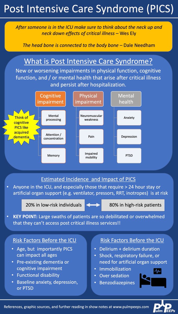 PulmPEEPs's tweet photo. 💠@WesElyMD and @DrDaleNeedham want you to think daily in the ICU about what you can be doing (or removing!) to keep your patients awake, mobile, and oriented to prevent PICS‼️

The 1st step is learning about PICS. Listen now 
🔗➡️https://t.co/ouxDpPEd4B

See our infographics⬇️ https://t.co/NVnCjfZBTB