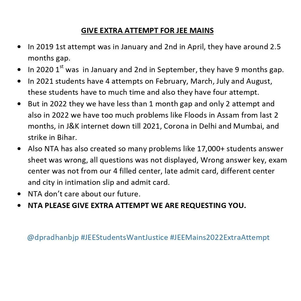 AIJNSA_official's tweet photo. #JEEMain2022 Aspirants Want Extra Attempt because of following reasons:-
1) Server Issues 
2) Error in response sheet
3) Scam in Result
4) Not giving Enough Sheets
5) Less Gap
6) Agnipath Protest,Floods

#JEEAspirantsFutureMatters https://t.co/PJnvaKk951