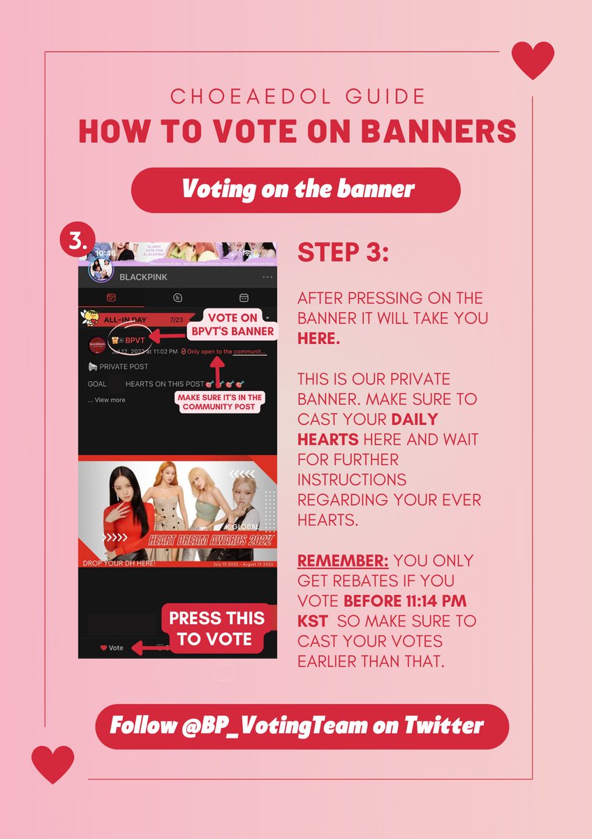 sooyamlk's tweet photo. ❤️CHOEAEDOL VOTING GUIDE❤️

Blinks we need you to vote on the banner to give BPVT more rebates so we'll have more chances to win this for the pinks! Here's a tutorial on how to vote on banners <3

❤️Don't hesitate to DM me if you have more questions! Follow @BP_VotingTeam❤️ https://t.co/h302ZdoT8e