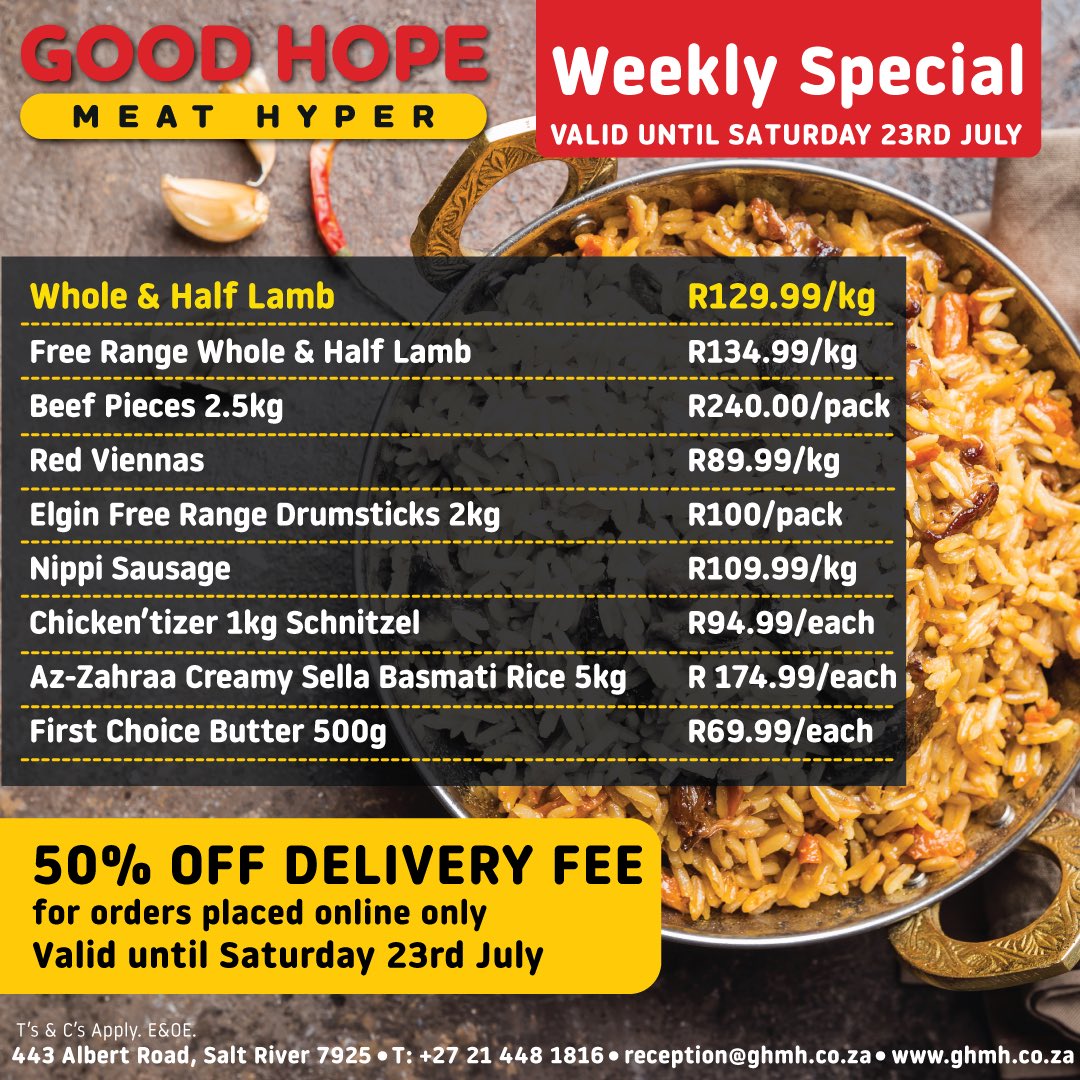goodhopemeat's tweet photo. 50% off delivery fees this week, don't miss our specials, and save BIG on fuel.

Shop: https://t.co/7hoMPNRQ41 

#thebutcherwhocares #capetownbutchery #halalbutcher https://t.co/u7mYw1h09H