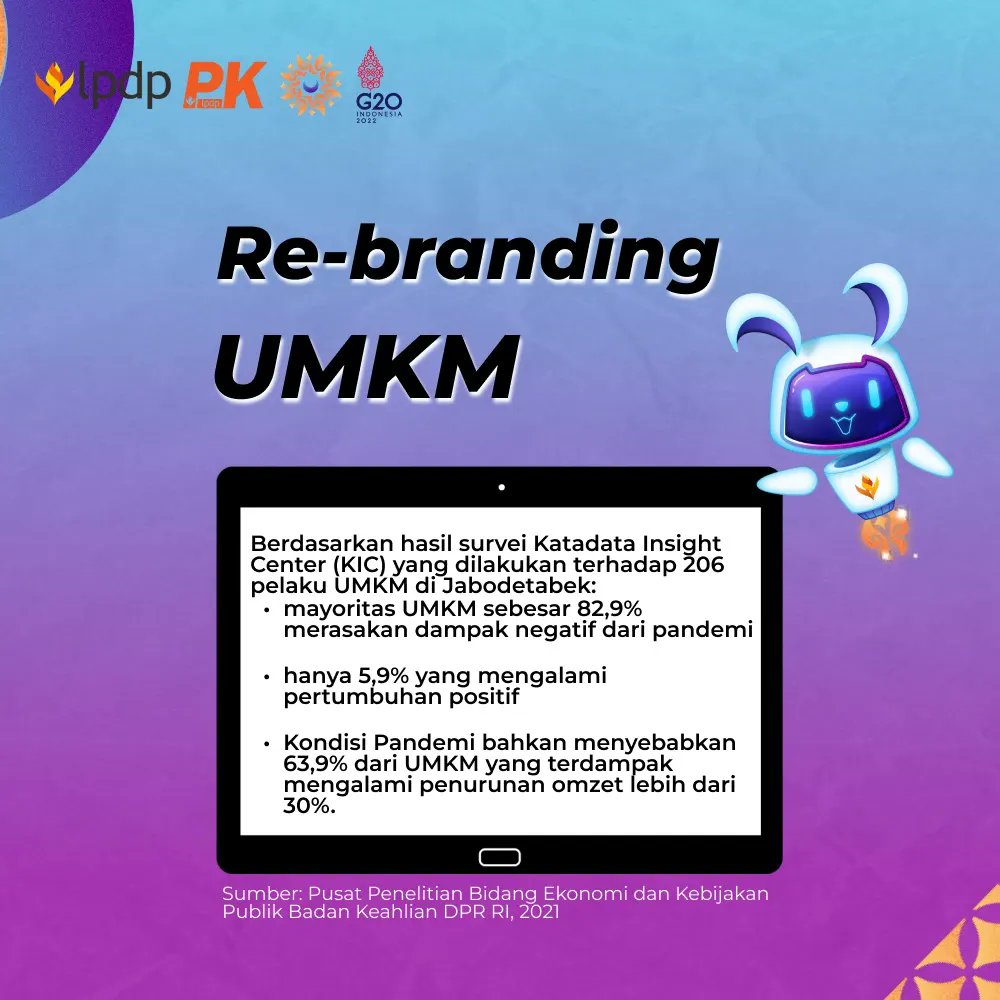 ef. (@esyaifullah) on Twitter photo Masih sama dengan isu sosial yang kami usung, tahukah kamu bahwa menurut survei, sebanyak 82,9% UMKM di daerah Jabodetabek mengalami dampak negatif selama pandemi.
<a href="/LPDP_RI/">#DiriUntukNegeri</a>
<a href="/pk189lpdp/">Sembagi Arutala</a>
#DiriUntukNegeri #SDMUnggulIndonesiaMaju
#AkuPastiMengabdi #LPDP #PK189 #SembagiArutala Masih sama dengan isu sosial yang kami usung, tahukah kamu bahwa menurut survei, sebanyak 82,9% UMKM di daerah Jabodetabek mengalami dampak negatif selama pandemi.
<a href="/LPDP_RI/">#DiriUntukNegeri</a>
<a href="/pk189lpdp/">Sembagi Arutala</a>
#DiriUntukNegeri #SDMUnggulIndonesiaMaju
#AkuPastiMengabdi #LPDP #PK189 #SembagiArutala