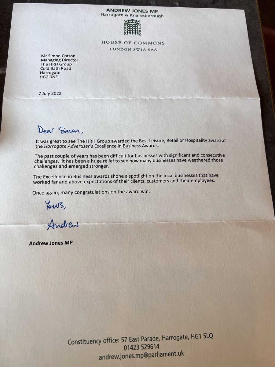 simoncotton69's tweet photo. Nice to receive this in today’s post from @AJonesMP congratulating the #HRHGroup #Team on winning our #ExcellenceInBusiness #Award at the @HgateAdvertiser awards 3 weeks ago. #Harrogate #Yorkshire #Hospitality ….thanks Andrew, the team are very proud 👌🙏🏨 https://t.co/bnvrqPQXhk