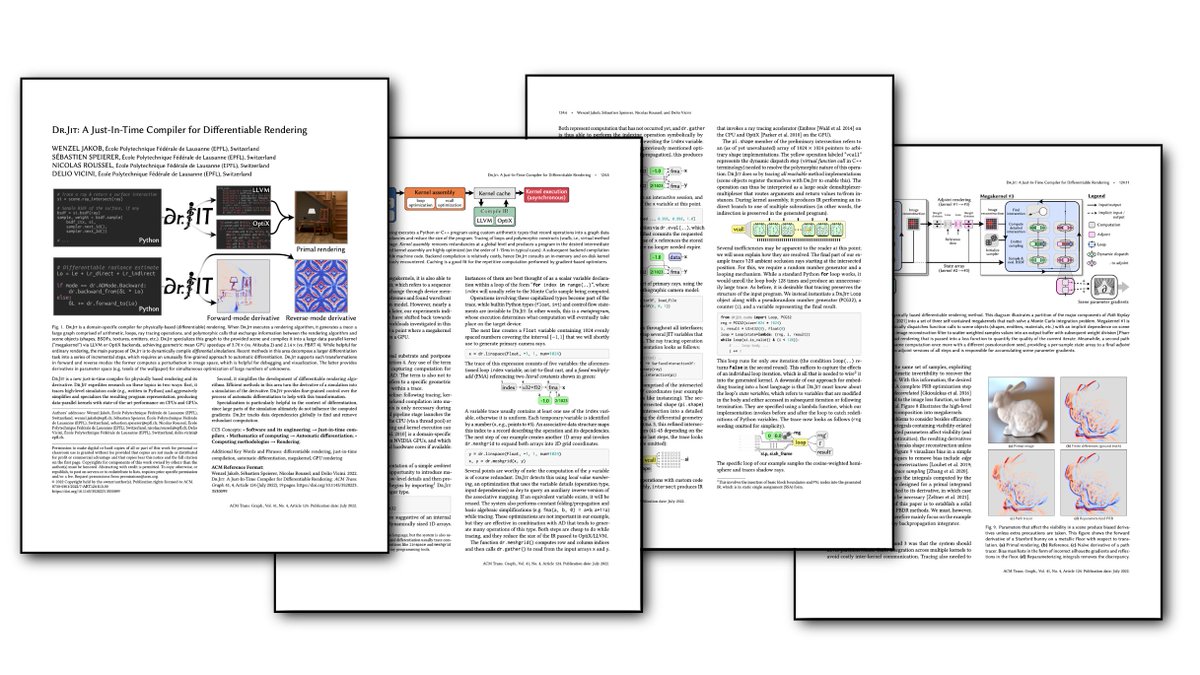 I am excited to announce *Dr.Jit*, a just-in-time compiler for differentiable rendering. Dr.Jit is the foundation of the differentiable rendering stack at EPFL and powers the upcoming Mitsuba 3. The project is a joint work with <a href="/seb_spe/">Sebastien Speierer</a>, Nicolas Roussel, and <a href="/DelioVicini/">Delio Vicini</a>. 1/8