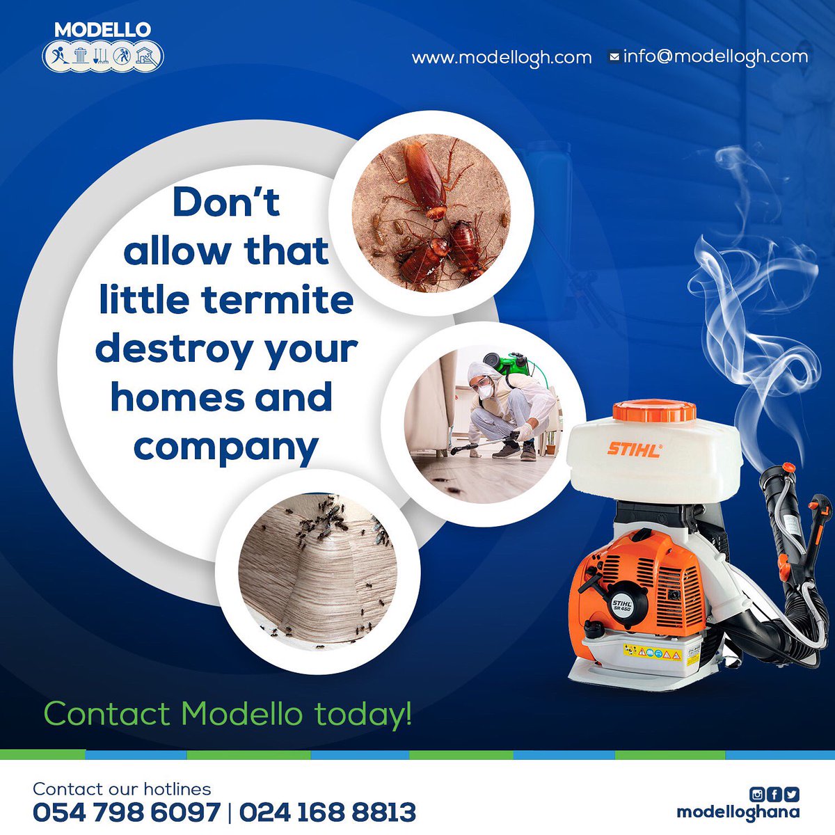 modelloghana's tweet photo. At Modello, we completely fumigate all homes and commercial structures. Live, work and play in healthy spaces.
We are the best mobile service providers.
#modelloservices #fumigationexperts #termitesinfestation #termitecontrolservices #bedbugspecialist #bedbugscontrol https://t.co/bmx5Y7qoZa