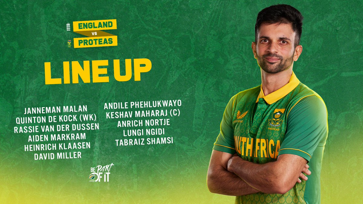 TEAM ANNOUNCEMENT 🚨

🇿🇦 Your #Proteas XI for the ODI series opener
🏏 Captain Keshav Maharaj has won the toss and elected to bat first

🗒️ Ball by ball bit.ly/3NTr9kE
📺 SuperSport Grandstand 201

#ENGvSA #BePartOfIt