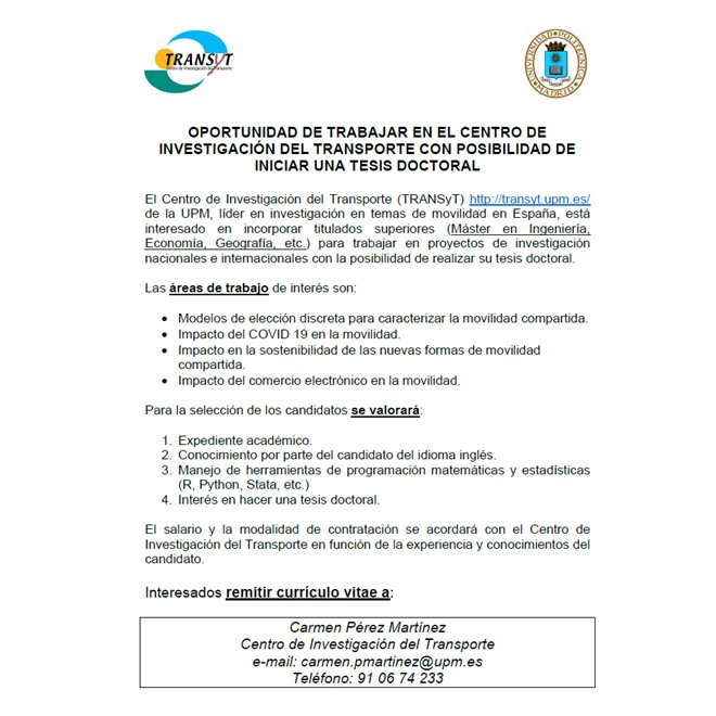 transyt_upm's tweet image. ¿Quieres trabajar en proyectos de investigación en una institución líder en temas de #movilidad? Si eres titulado superior no te pierdas la oportunidad de trabajar en @transyt_upm  con posibilidad de realizar una tesis doctoral. 

Más info 👉🏻transyt.upm.es/trabajar-en-tr…