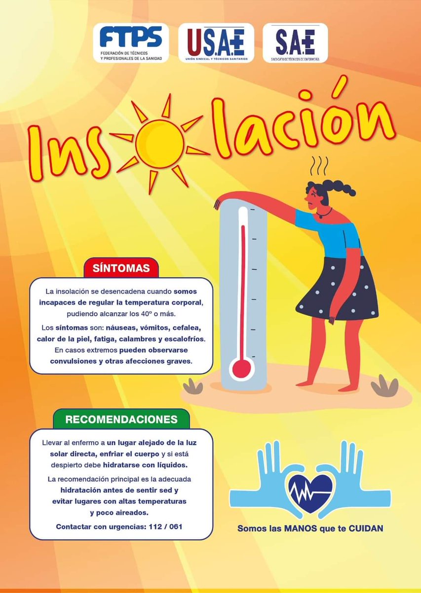 SaeMurcia's tweet photo. #SAE te recomienda cómo actuar ante una insolación 🌞 #insolacion #SindicatoSAE #SomosLasManosQueTeCuidan #SAEContigo #SomosTécnicos #SomosEnfermería https://t.co/Lj32loyp6w