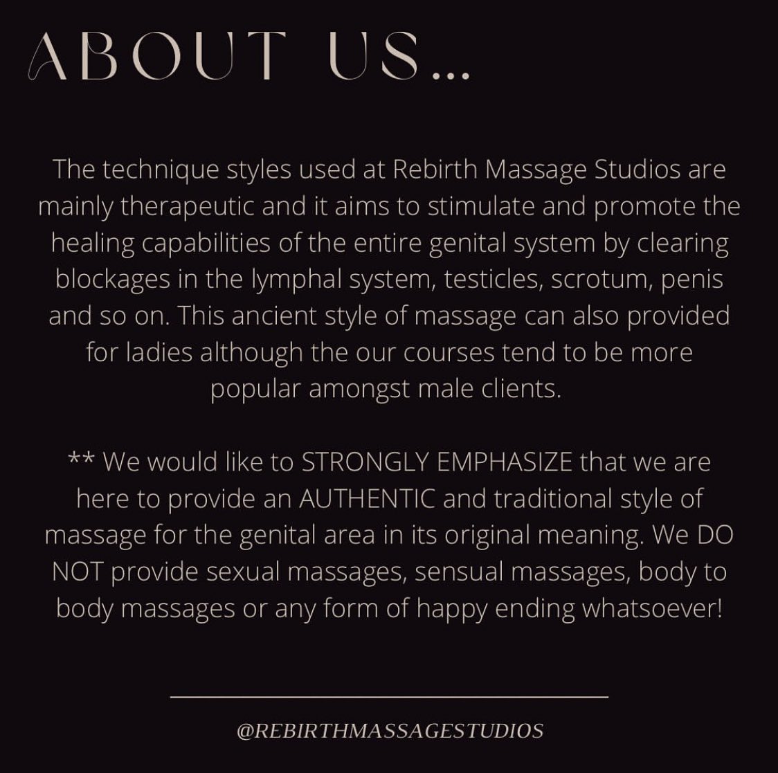 A short write up about us and the services we offer…

We can’t emphasize more that we are genuinely here to provide authentic therapeutic help, we are not here to give you a happy ending.

#rebirthmassagestudios #erectiondysfunction #erectiledysfunction #sexualproblem #抓痕