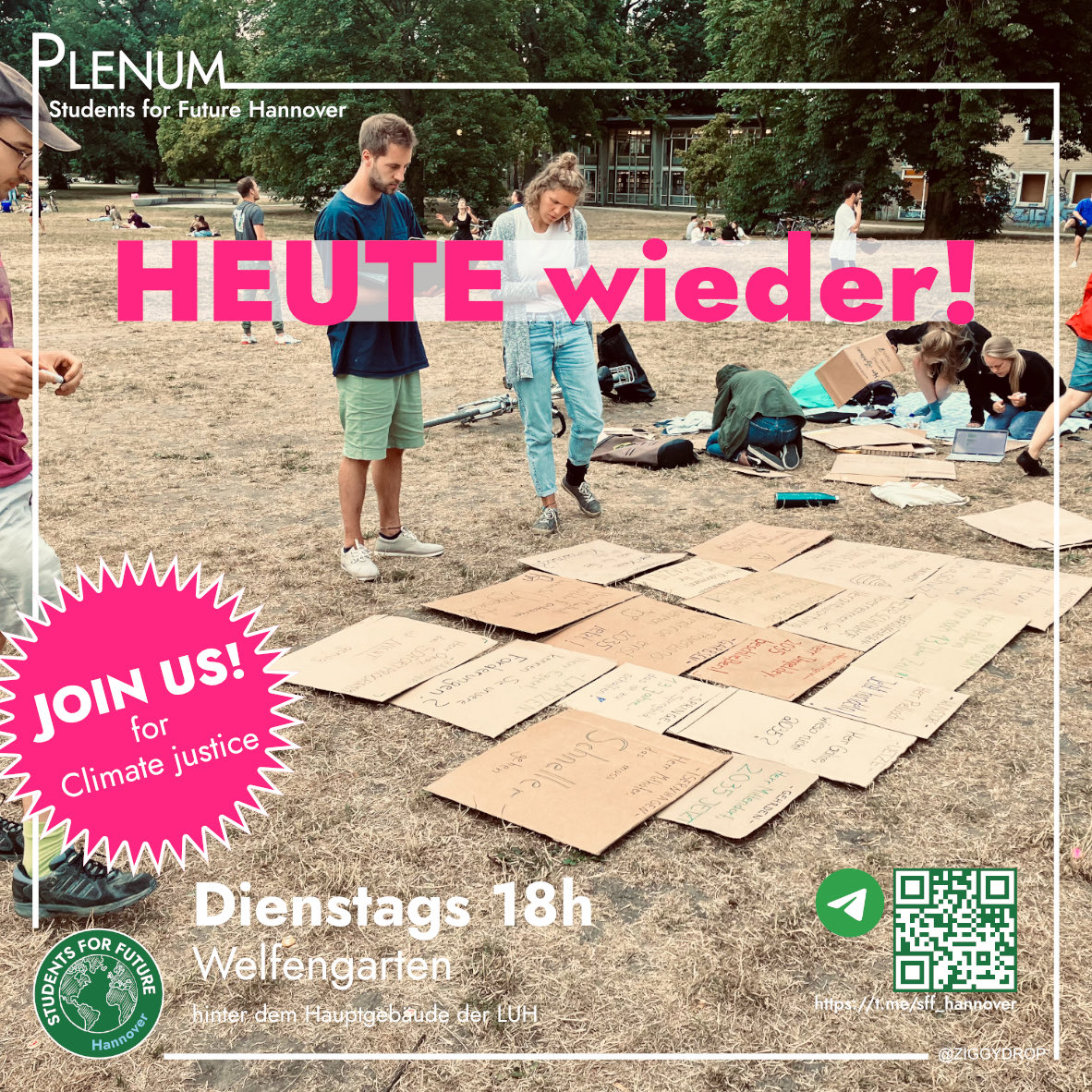 #Hannover #studentsforfuture 

HEUTE treffen wir uns wieder zum wöchentlichen Plenum! Kommt gerne dazu, lernt uns kennen, engagiert euch mit uns für #Klimagerechtigkeit!

18 Uhr im Welfengarten hinter dem Hauptgebäude der Leibniz Universität

Herzlich willkommen!