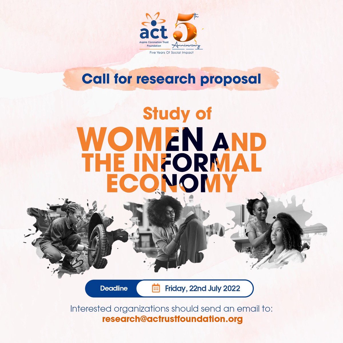 As part of our recognition to the impact of women being marginalized in the informal economy, the Aspire Coronation Trust (ACT) Foundation would like to publicly open the call for proposals on its study of women and the informal economy.