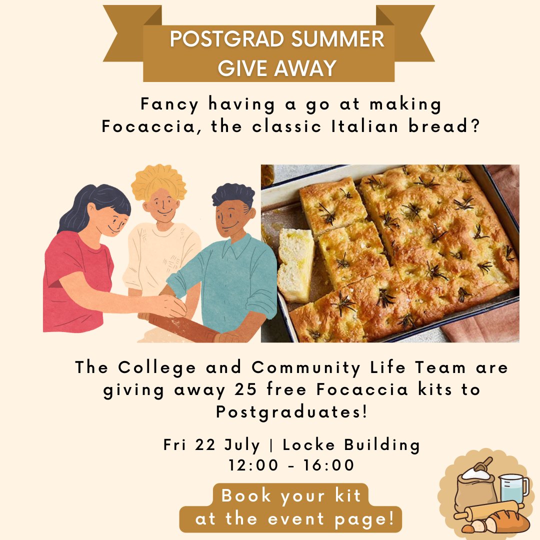 Fancy having a go at making Focaccia, the classic Italian bread? 🍞🍞

The CCL team are giving away 25 free Focaccia kits to Postgraduates!

Book your free kit here: kent.ac.uk/events/event/5…
and collect on Friday 22nd of July from 12 noon till 4pm from the Locke Building!
