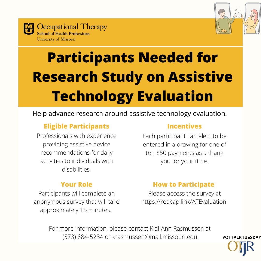 OTJRJournal's tweet photo. Researchers are seeking professionals who provide #assistivedevice recs to take part in a brief research surve
Participants will be entered to win 1 of 10 $50 gift cards!
https://t.co/ieYUHB6vvS
#OT #OTResearch #AT #assistivetech #AD #occupationaltherapy
#OTTalkTuesday
@OT_Kial https://t.co/dxcEXUSv9S