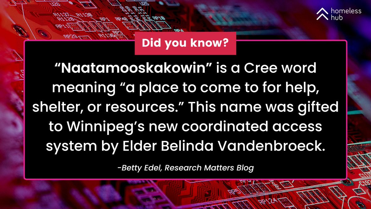 homelesshub's tweet photo. DYK: “Naatamooskakowin” is a Cree word meaning “a place to come to for help, shelter, or resources.” This name was gifted to Winnipeg’s new #CoordinatedAccess system by Elder Belinda Vandenbroeck.
Learn more by reading this blog: https://t.co/Da5jmZ3psE
#homelessness
@EHW_Wpg https://t.co/5DSuxMhzDy