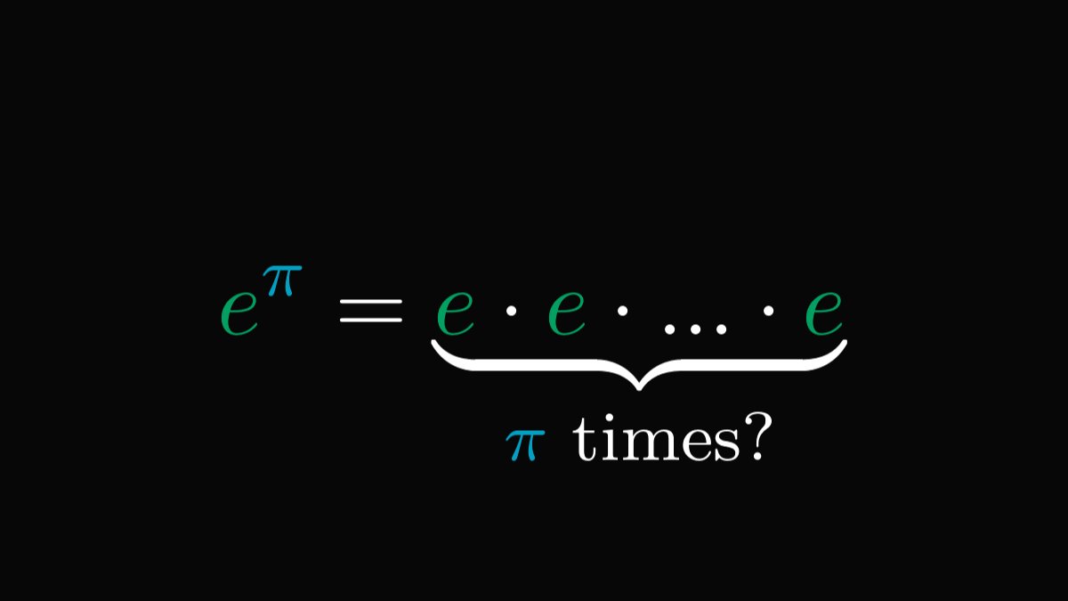 The way you think about the exponential function is (probably) wrong. Don't think so? I'll convince you. Did you realize that multiplying 𝑒 by itself π times doesn't make sense? Here is what's really behind the most important function of all time: